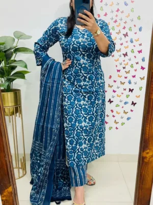 Indigo Ajrakh Print Cotton Suit Set