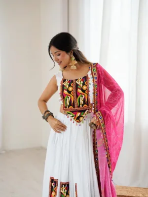 Gamthi Thread Work Rayon Lehenga Set with Digital Print Dupatta