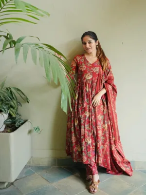 Floral Print Anarkali Set with Dupatta