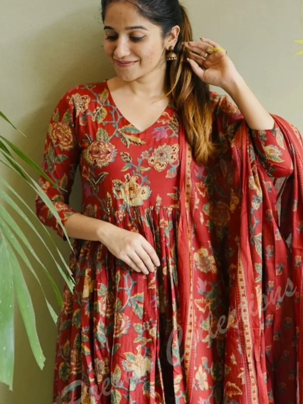 Floral Print Anarkali Set with Dupatta - Image 9