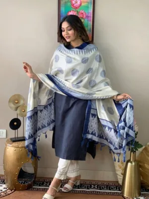 Navy Blue Embroidered Kurta Set with Printed Dupatta