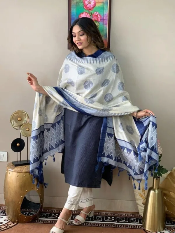 Navy Blue Embroidered Kurta Set with Printed Dupatta