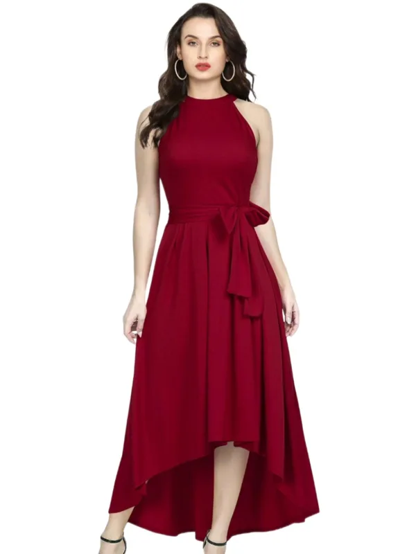 Sleeveless High-Low Hem Fit & Flare Maxi Dress with Waist Tie