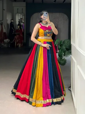 Multicolour Gamthi Mirror Work Cotton Lehenga Choli