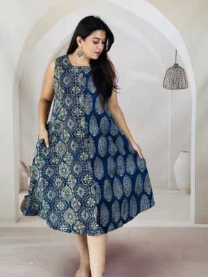 Block Print Sleeveless Rayon A-Line Dress