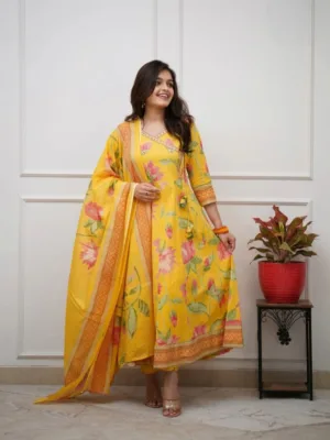 Yellow Floral Printed Anarkali Suit Set