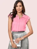 Pleated Ruffle Sleeve Button-Down Top