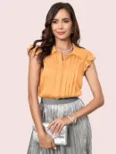 Pleated Ruffle Sleeve Button-Down Top