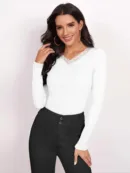 Lace Trim Ribbed Knit V-Neck Top