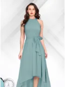 Sleeveless High-Low Hem Fit & Flare Maxi Dress with Waist Tie