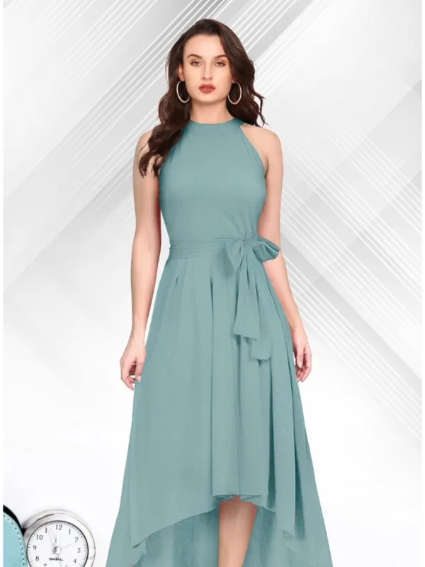 Sleeveless High-Low Hem Fit & Flare Maxi Dress with Waist Tie - Image 4