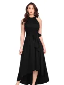 Sleeveless High-Low Hem Fit & Flare Maxi Dress with Waist Tie