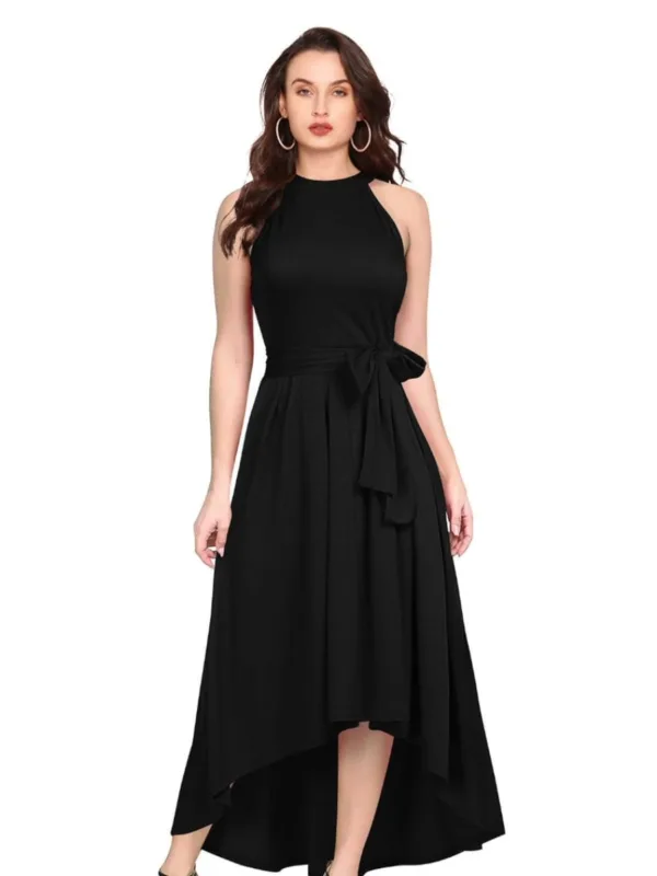 Sleeveless High-Low Hem Fit & Flare Maxi Dress with Waist Tie - Image 3