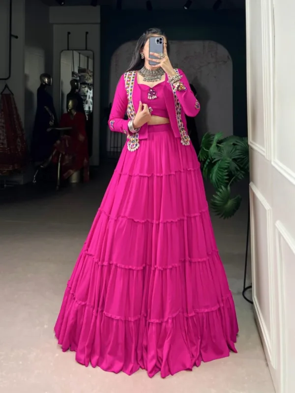 Ethnic Rayon Mirror Work Lehenga Set with Koti (3-Piece Stitched Set) - Image 5