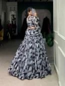 Floral Print Tabby Silk Lehenga Choli with Hotfix Detailing & Dupatta