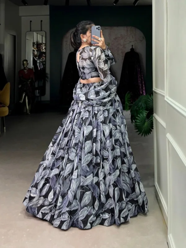 Floral Print Tabby Silk Lehenga Choli with Hotfix Detailing & Dupatta - Image 6