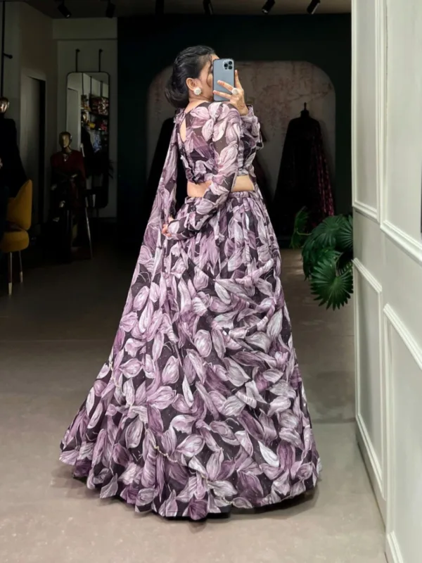 Floral Print Tabby Silk Lehenga Choli with Hotfix Detailing & Dupatta - Image 9