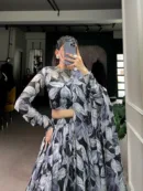 Floral Print Tabby Silk Lehenga Choli with Hotfix Detailing & Dupatta
