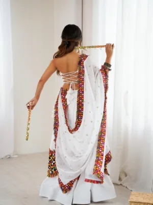 White Gamthi Mirror Work Navratri Lehenga Choli with Multicolor Embroidery