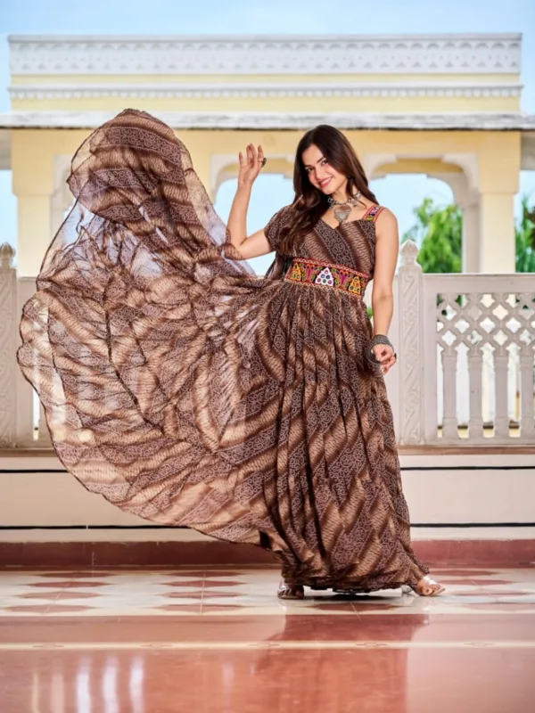 Navratri Special Gamathi Work Bandhni Gown - Image 4