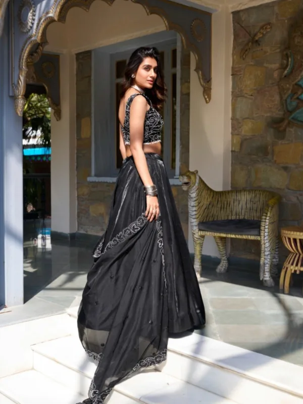 Black Star Satin Lehenga Choli with Pearl & Sequins Embroidery Work Dupatta - Image 4