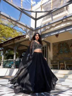 Black Star Satin Lehenga Choli with Pearl & Sequins Embroidery Work Dupatta