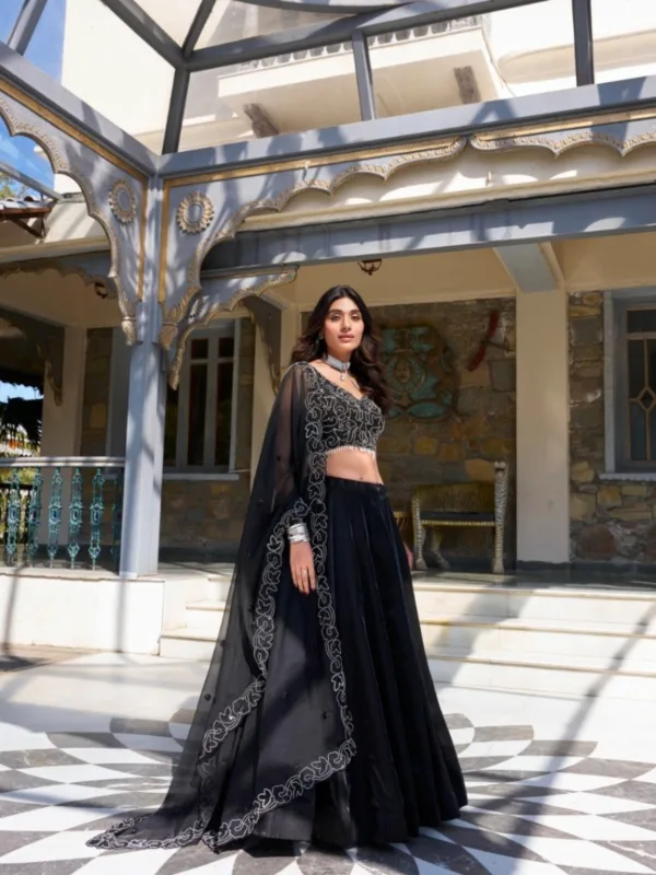 Black Star Satin Lehenga Choli with Pearl & Sequins Embroidery Work Dupatta - Image 3