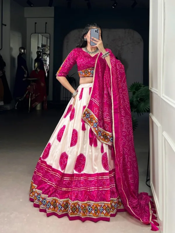 Navratri Chaniya Choli in Tasar Silk with Bandhej Print & Gamthi Work (Copy) - Image 4