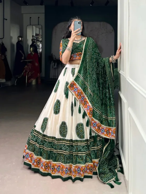 Navratri Chaniya Choli in Tasar Silk with Bandhej Print & Gamthi Work (Copy) - Image 5