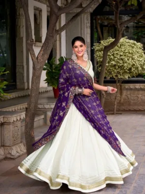 White Rayon Lehenga Choli with Purple Georgette Embroidered Dupatta