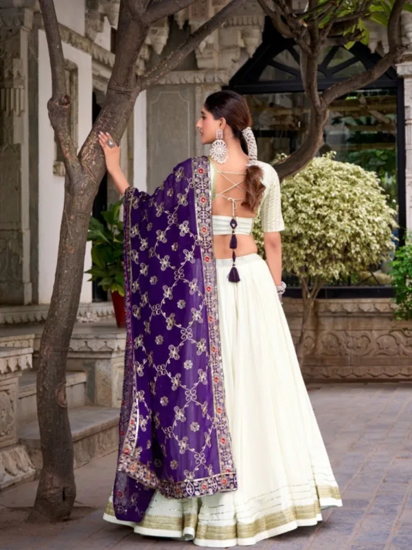 White Rayon Lehenga Choli with Purple Georgette Embroidered Dupatta - Image 3