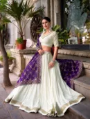 White Rayon Lehenga Choli with Purple Georgette Embroidered Dupatta