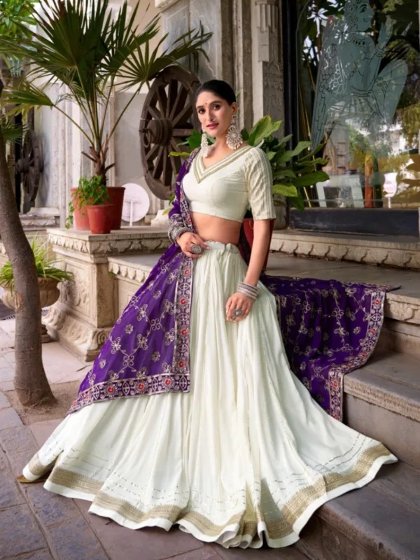 White Rayon Lehenga Choli with Purple Georgette Embroidered Dupatta - Image 4