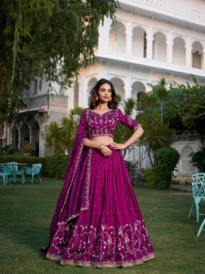 Vichitra Silk Embroidered Rani Pink Lehenga Choli