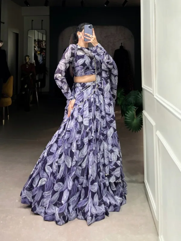 Floral Print Tabby Silk Lehenga Choli with Hotfix Detailing & Dupatta - Image 4