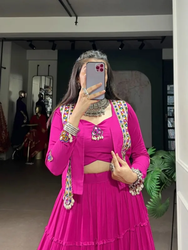 Ethnic Rayon Mirror Work Lehenga Set with Koti (3-Piece Stitched Set) - Image 7