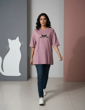 Women's Oversized Cute Cat Graphic Printed T-Shirt