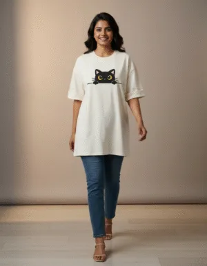Women's Oversized Cute Cat Graphic Printed T-Shirt