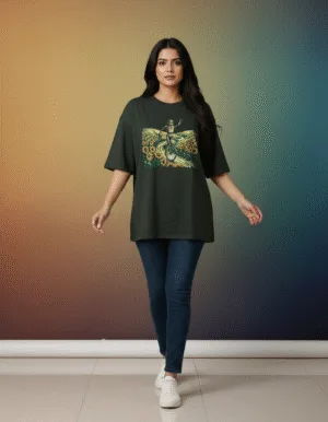 Women's Oversized Dark Olive Green Artistic Bicycle Graphic Printed Cotton T-Shirt